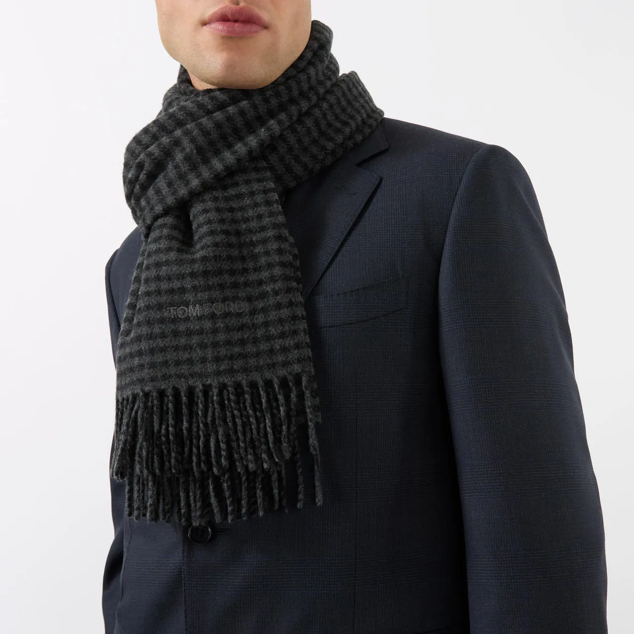 TOM FORD Fringed Check Print Scarf - Grey