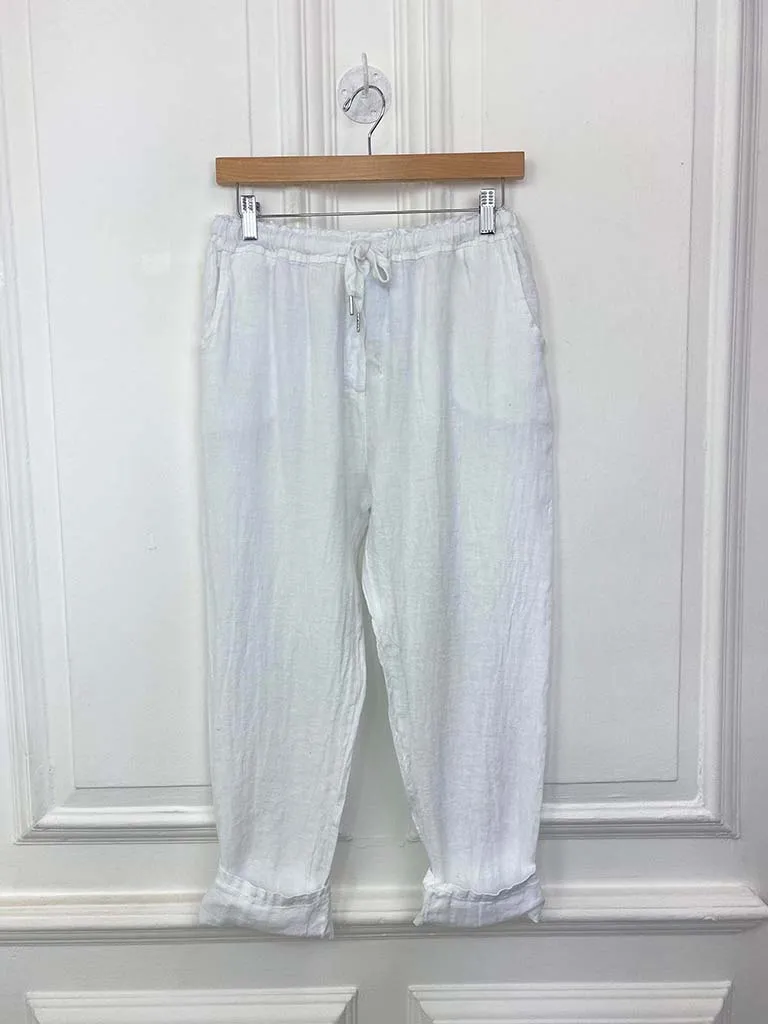 Turn Up Linen Trousers - White