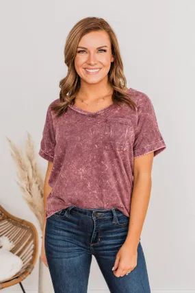 Vintage Love V-Neck Pocket Top- Burgundy