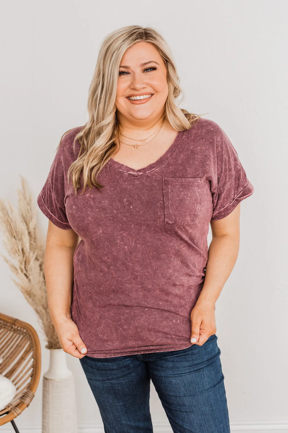 Vintage Love V-Neck Pocket Top- Burgundy