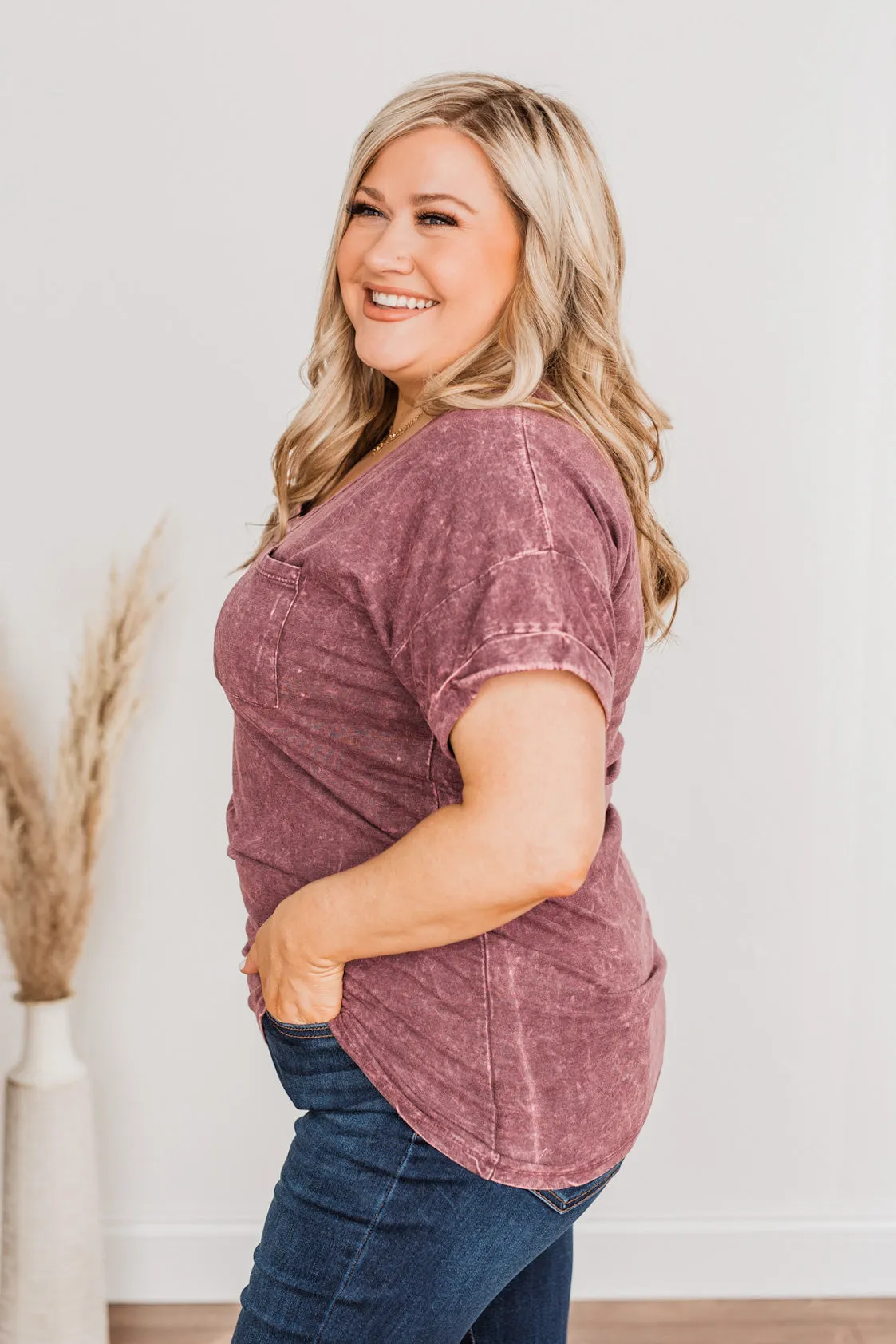 Vintage Love V-Neck Pocket Top- Burgundy