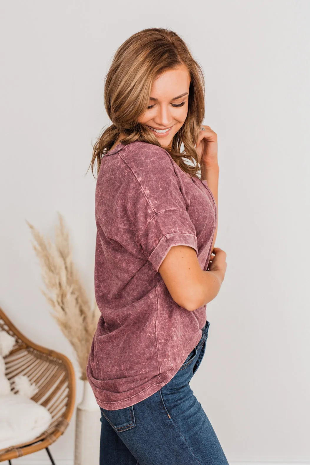 Vintage Love V-Neck Pocket Top- Burgundy