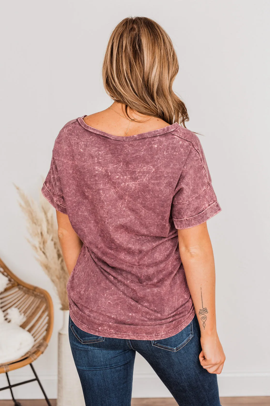 Vintage Love V-Neck Pocket Top- Burgundy