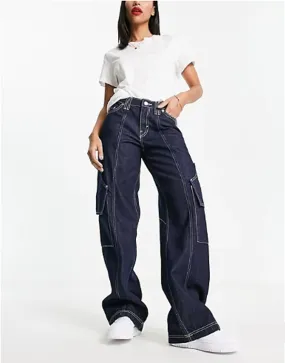 Wide Leg Cargo Jeans Dark Blue