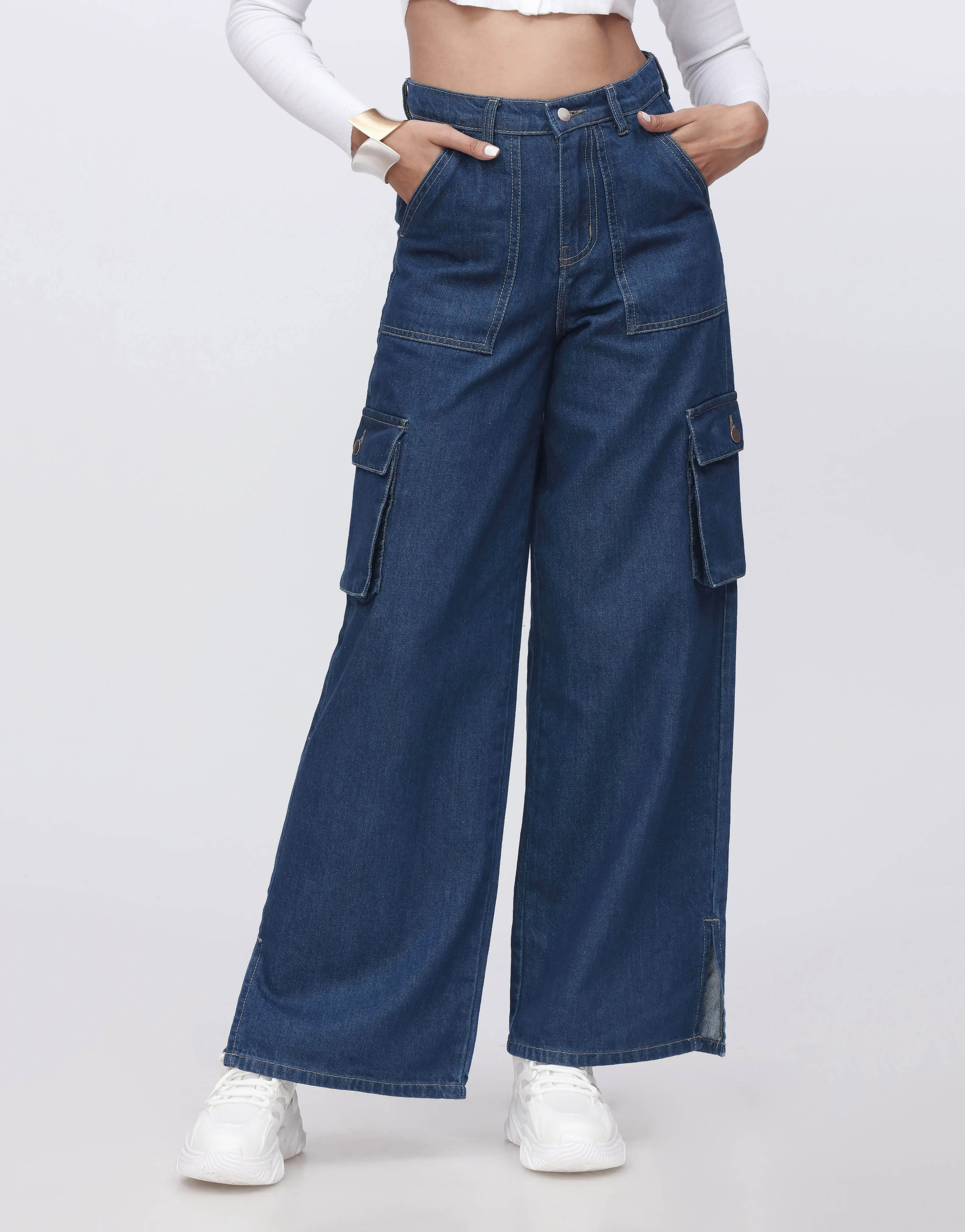 Wide Leg Cargo Slit Dark Blue