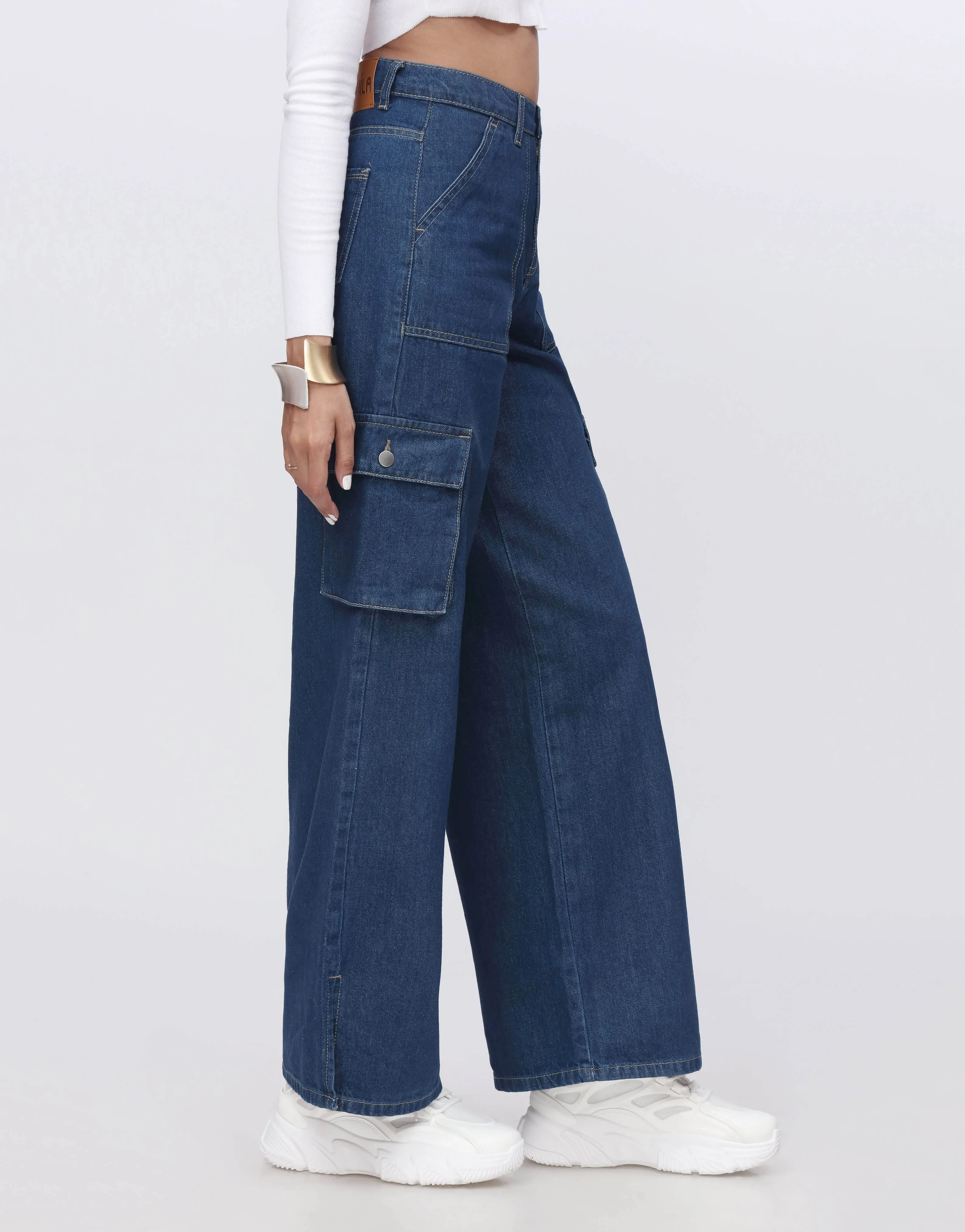 Wide Leg Cargo Slit Dark Blue