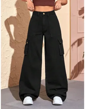 Wide Leg Flap Pocket Cargo Jeans Black