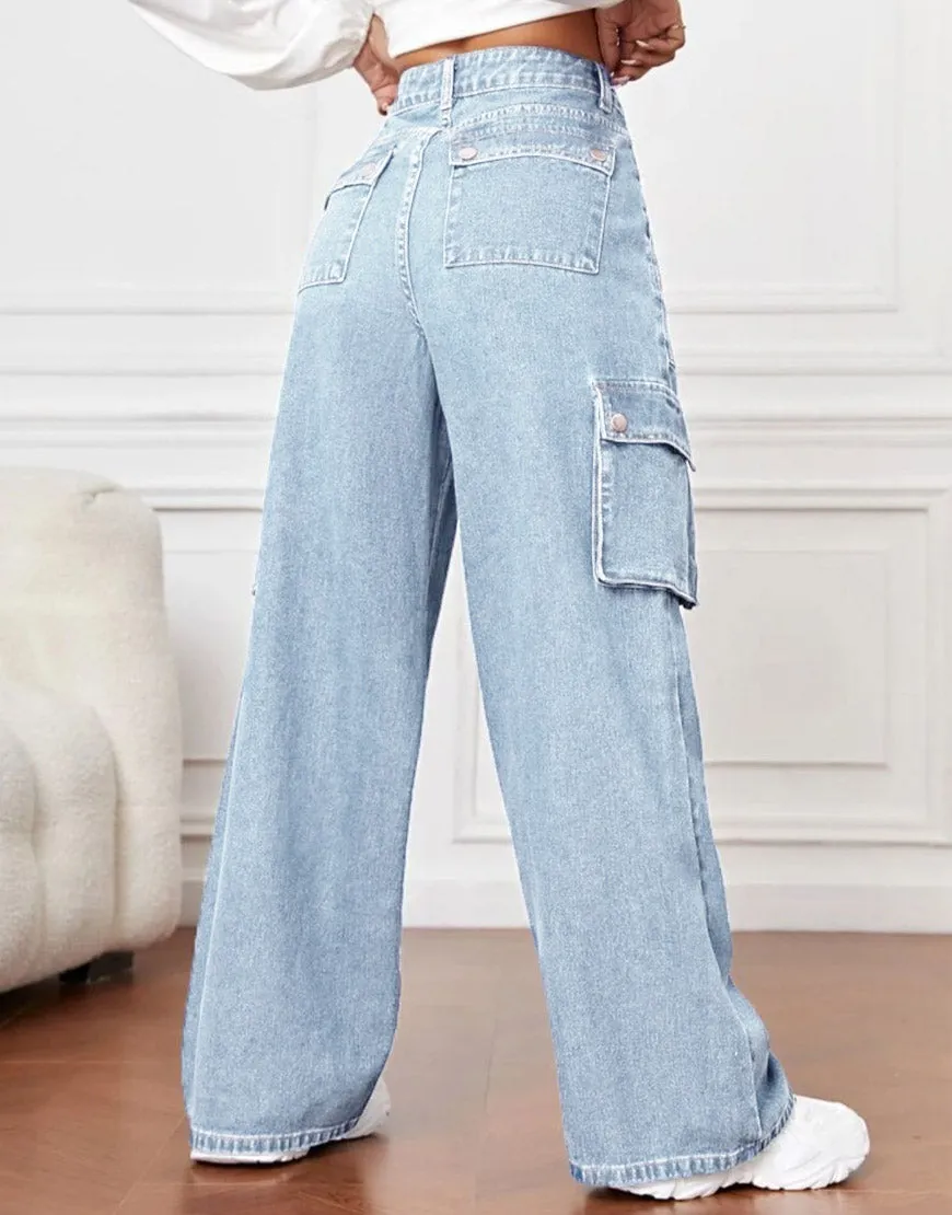 Wide Leg Flap Pocket Cargo Light Wash