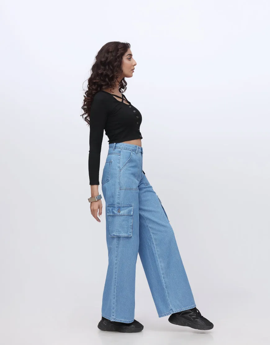 Wide Leg Flap Pocket Cargo Mid Wash