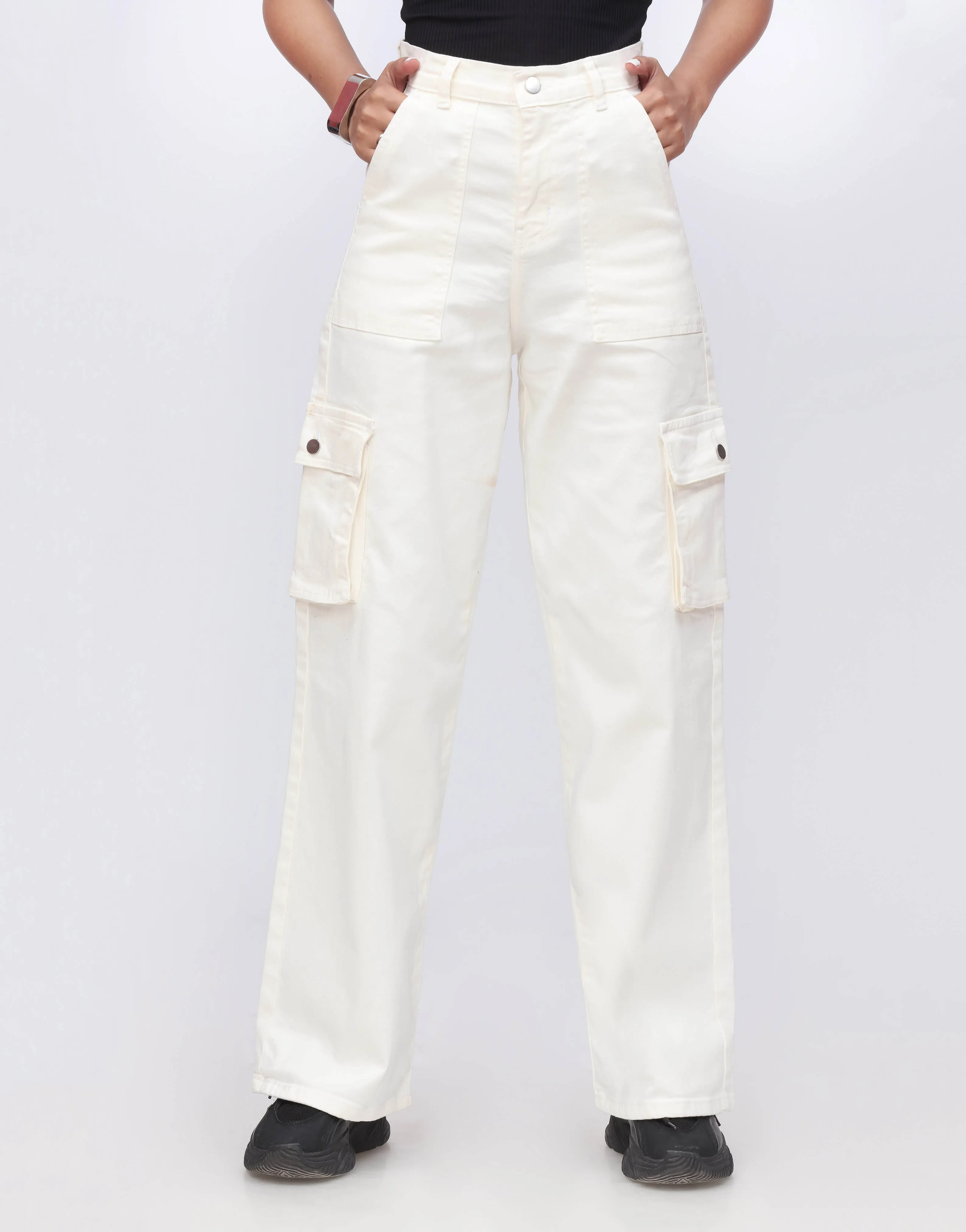 Wide Leg Flap Pocket Cargo White