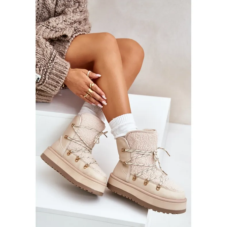 Women's Snow Boots On The Platform With Ties Light Beige Riaviana