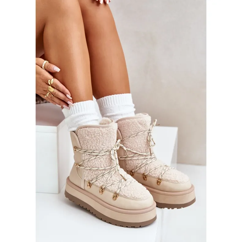 Women's Snow Boots On The Platform With Ties Light Beige Riaviana