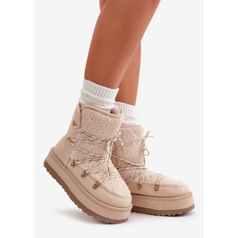 Women's Snow Boots On The Platform With Ties Light Beige Riaviana