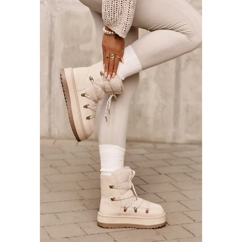 Women's Snow Boots On The Platform With Ties Light Beige Riaviana