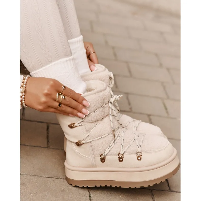 Women's Snow Boots On The Platform With Ties Light Beige Riaviana