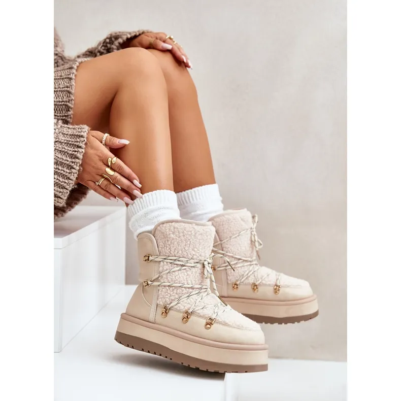 Women's Snow Boots On The Platform With Ties Light Beige Riaviana