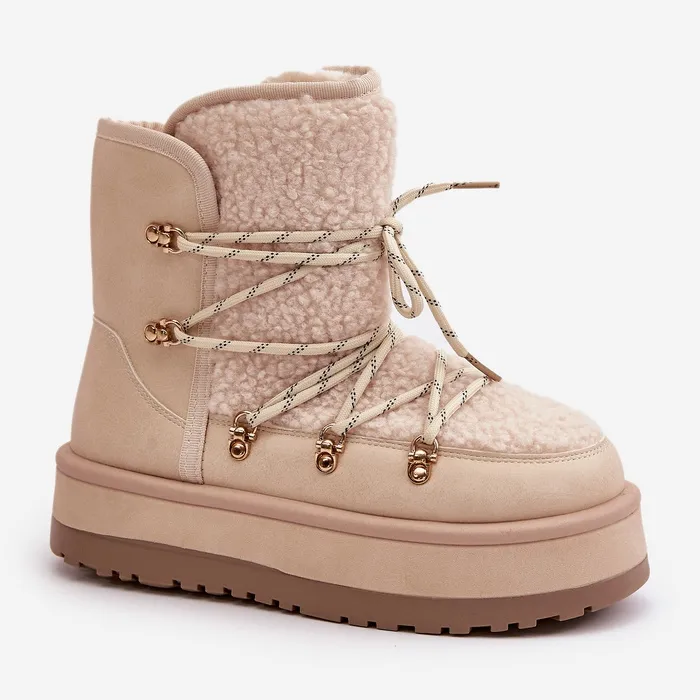 Women's Snow Boots On The Platform With Ties Light Beige Riaviana