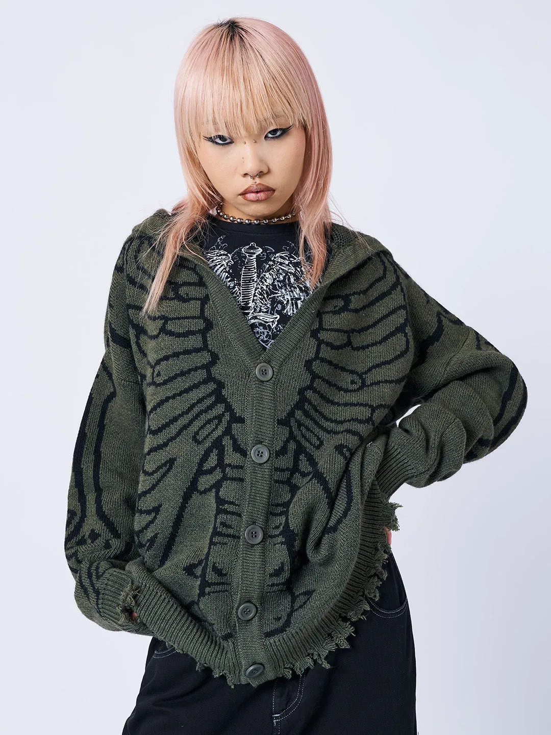 X-ray Jacquard Green Hooded Knit Cardigan