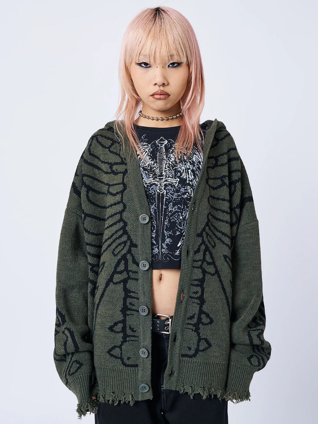 X-ray Jacquard Green Hooded Knit Cardigan