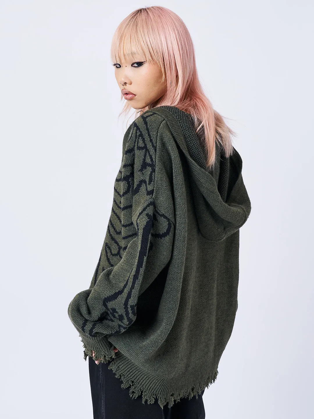 X-ray Jacquard Green Hooded Knit Cardigan